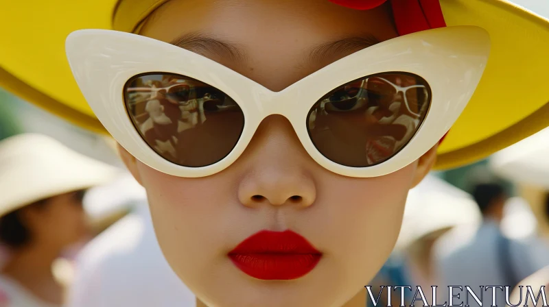 Stylish Woman with Yellow Hat and White Sunglasses AI Image