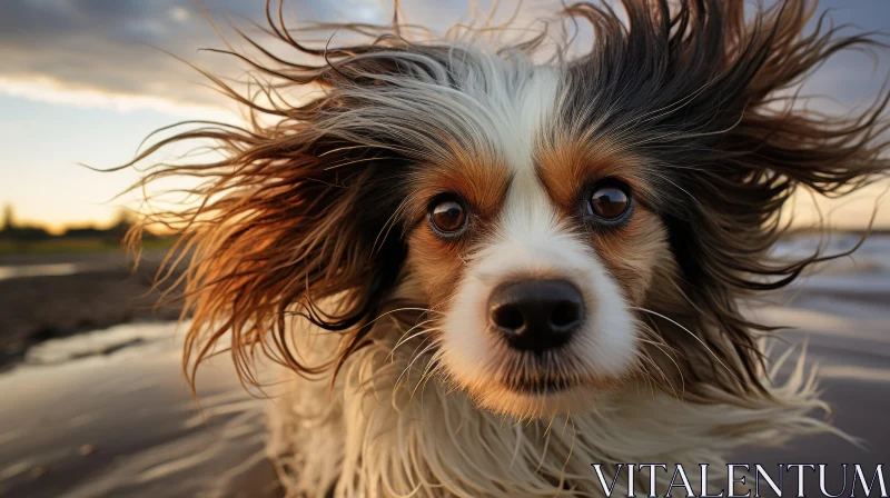 Windblown Dog on Beach: An Ethereal Canine Portrait AI Image