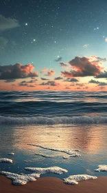 Serene Sunset over Ocean with Stars and Clouds