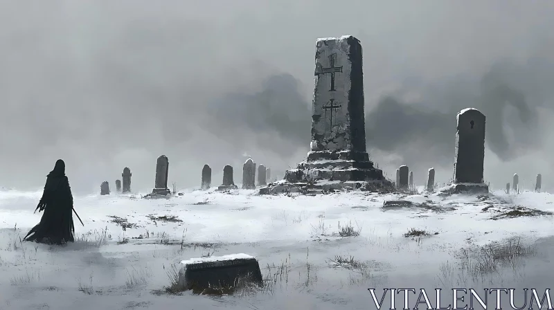 Snowy Graveyard with Cloaked Figure AI Image