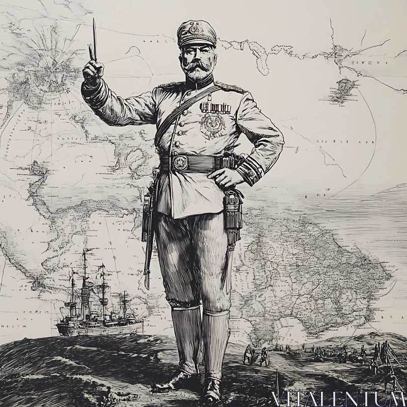 AI ART Monochrome Military Officer on World Stage