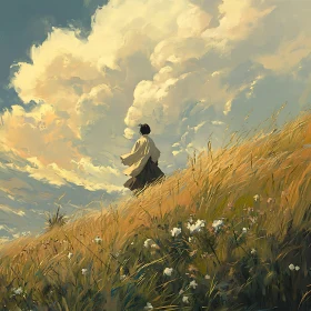 Contemplative Figure in Golden Field