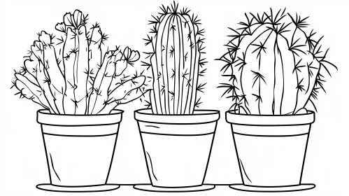 Potted Cacti Black and White Illustration