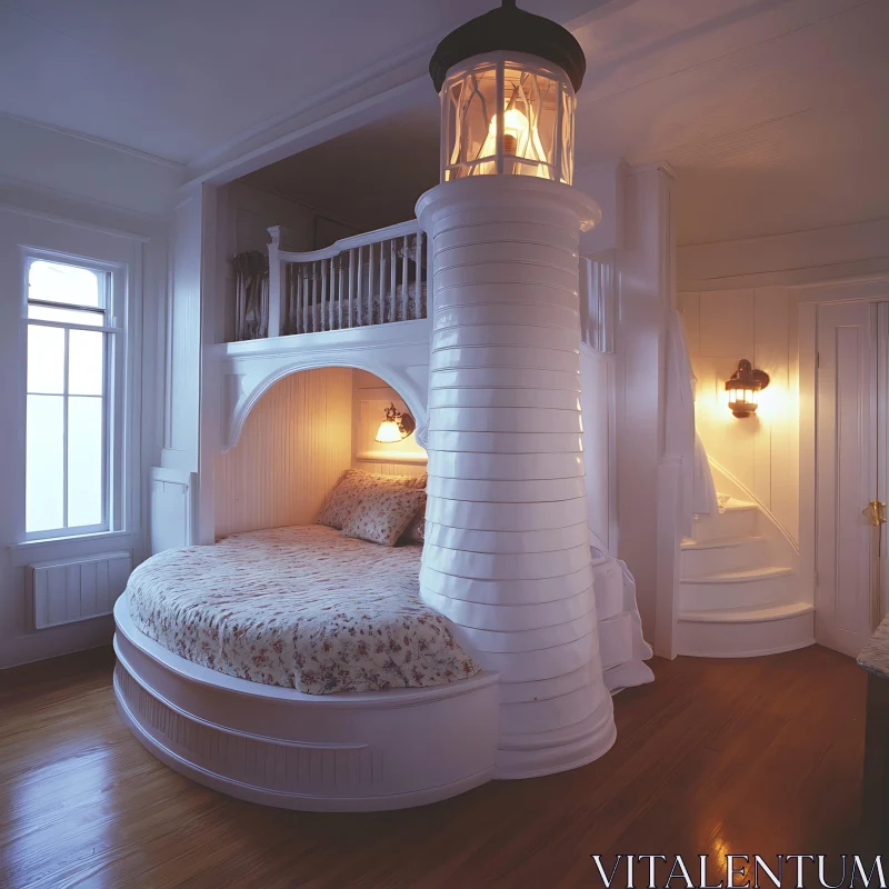 Whimsical Lighthouse Bed in Cozy Bedroom AI Image