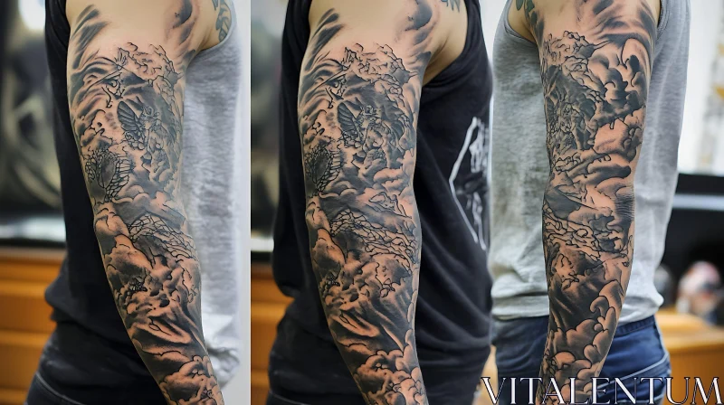 Intricate Cloud and Mythical Sleeve Tattoo AI Image