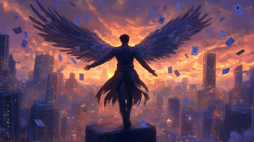 Winged Figure Above Urban Sunset
