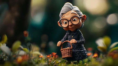 Quirky Grandma with Basket in Flower Field