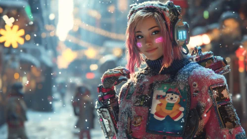 Snowy Cyberpunk Scene Featuring Cyborg Girl