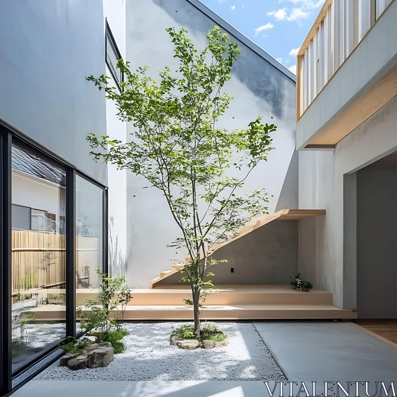 Modern Courtyard with Tree and Stairs AI Image