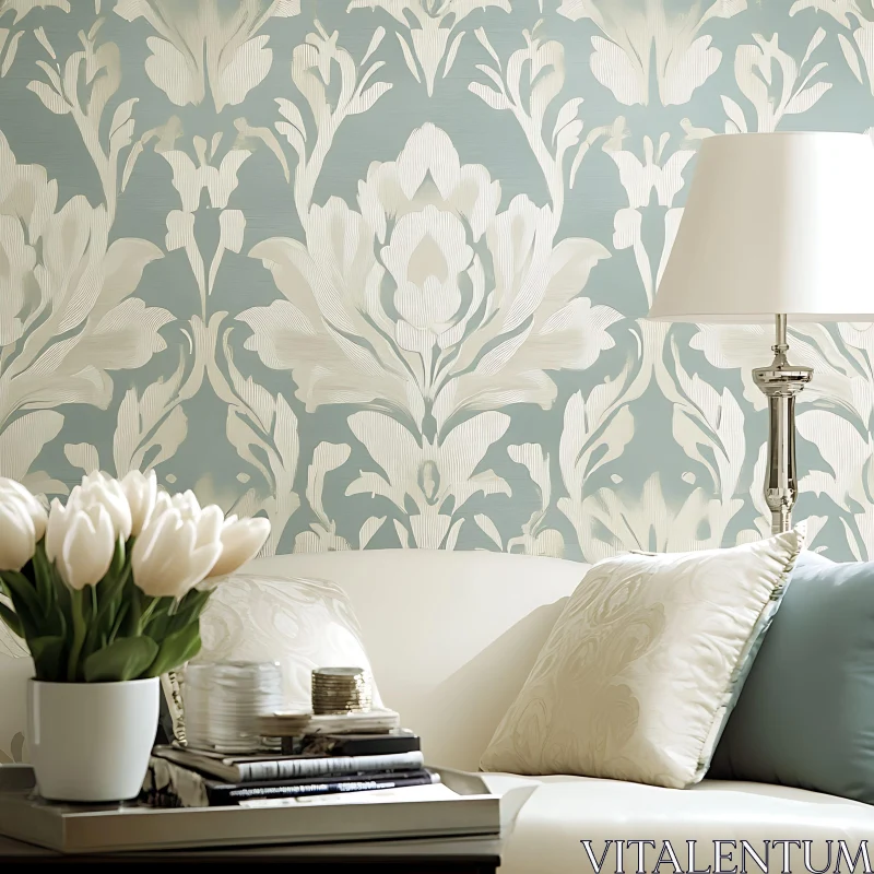 AI ART Floral Wallpaper and Tulips in Serene Interior