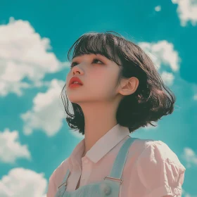 Girl Gazing at Sky with Clouds