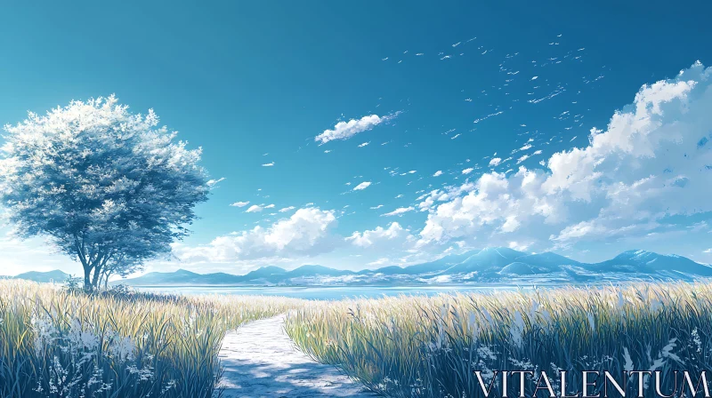 Scenic Meadow Path with Blue Sky Backdrop AI Image