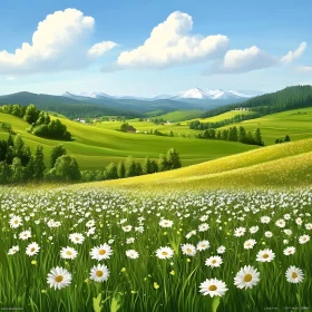 Lush Green Hills and Daisy Meadow