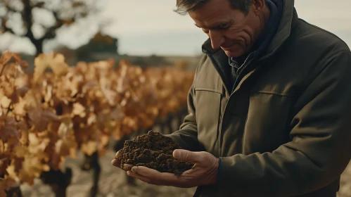 Man Examining Soil in Vineyard