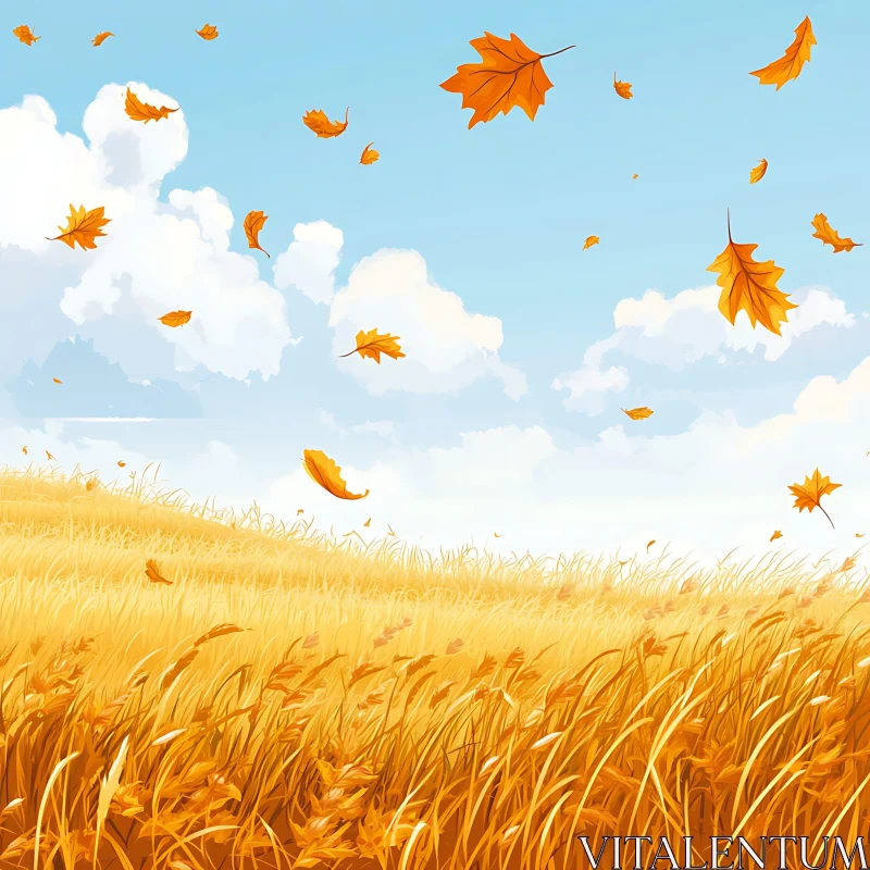 AI ART Autumnal Field Scene with Falling Leaves