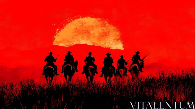 Silhouette of Cowboys Riding into the Sunset AI Image