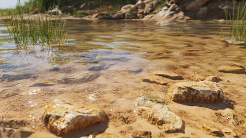 Serene Lakeshore with Glimmering Water and Rocks