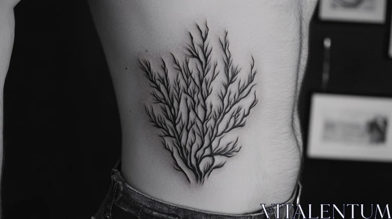 Branch-Like Black Ink Tattoo on Side Torso AI Image