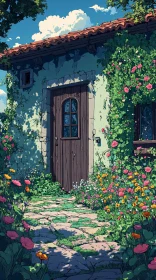 Floral Building with Wooden Door