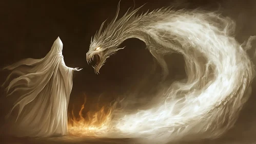 Mystical Encounter Between Wizard and Dragon