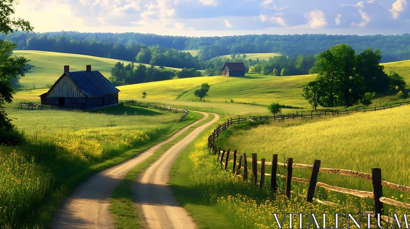 Tranquil Countryside Scene with Farmhouse and Dirt Road AI Image