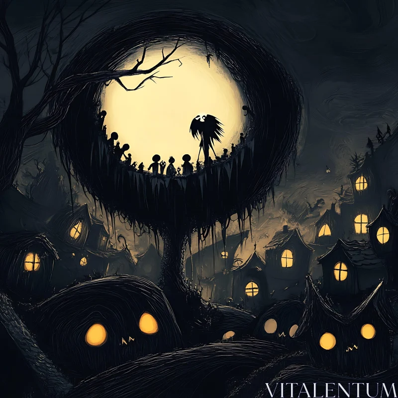 AI ART Silhouette Figure in a Spooky Village