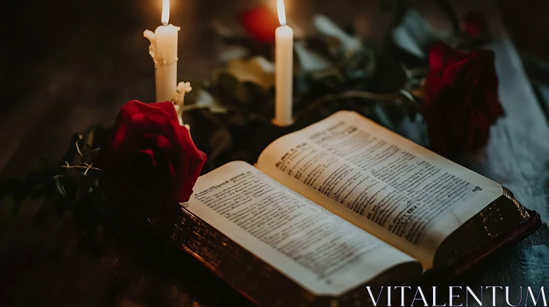 Romantic Still Life with Book and Rose AI Image