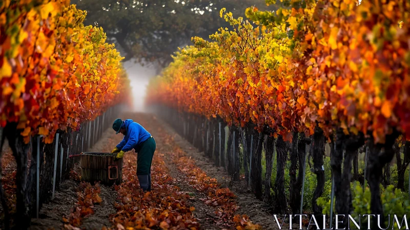 Vineyard Worker Among Fall Colored Vines AI Image