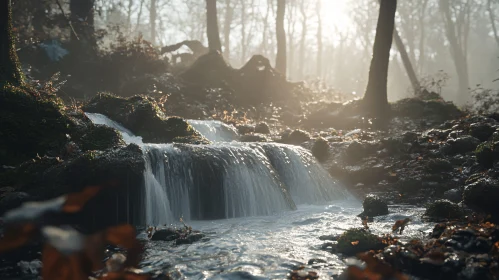 Tranquil Woodland Stream with Soft Sunlight