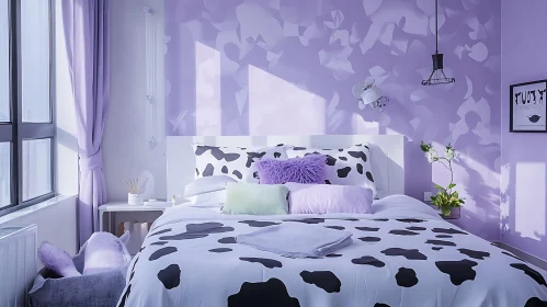 Serene Purple Bedroom with Cow Print Bedding