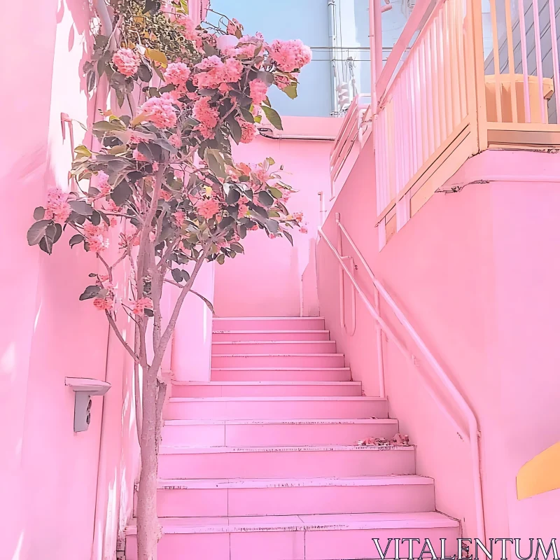 Floral Ascent: A Pink Urban Dreamscape AI Image