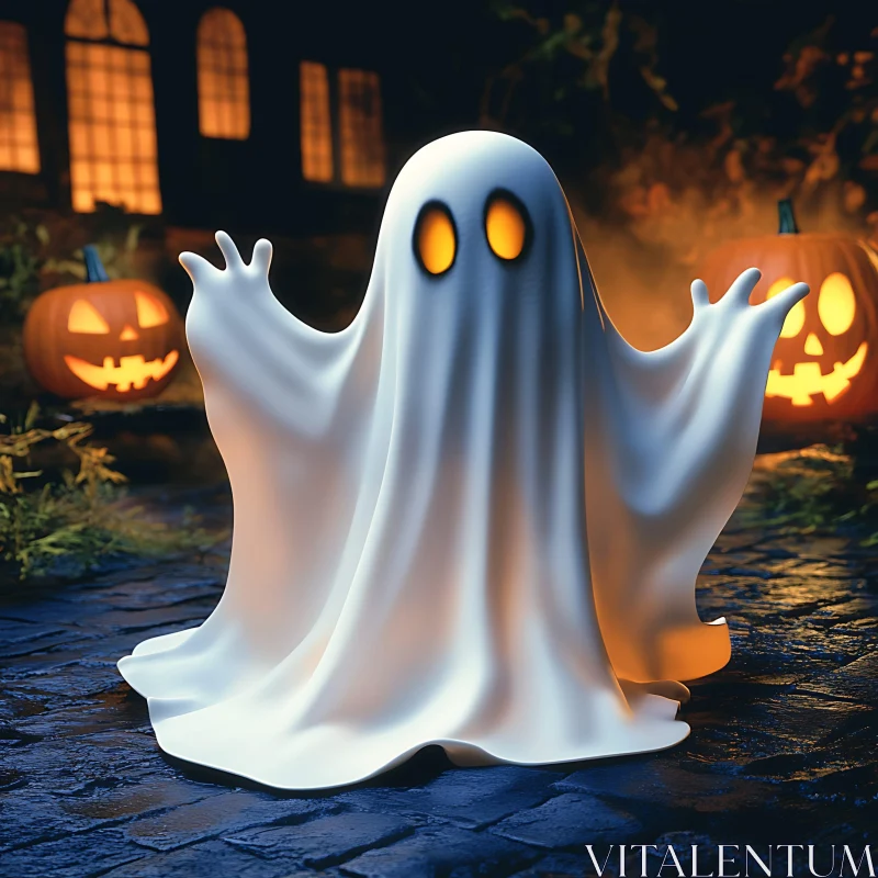 AI ART Halloween Ghost with Glowing Pumpkins