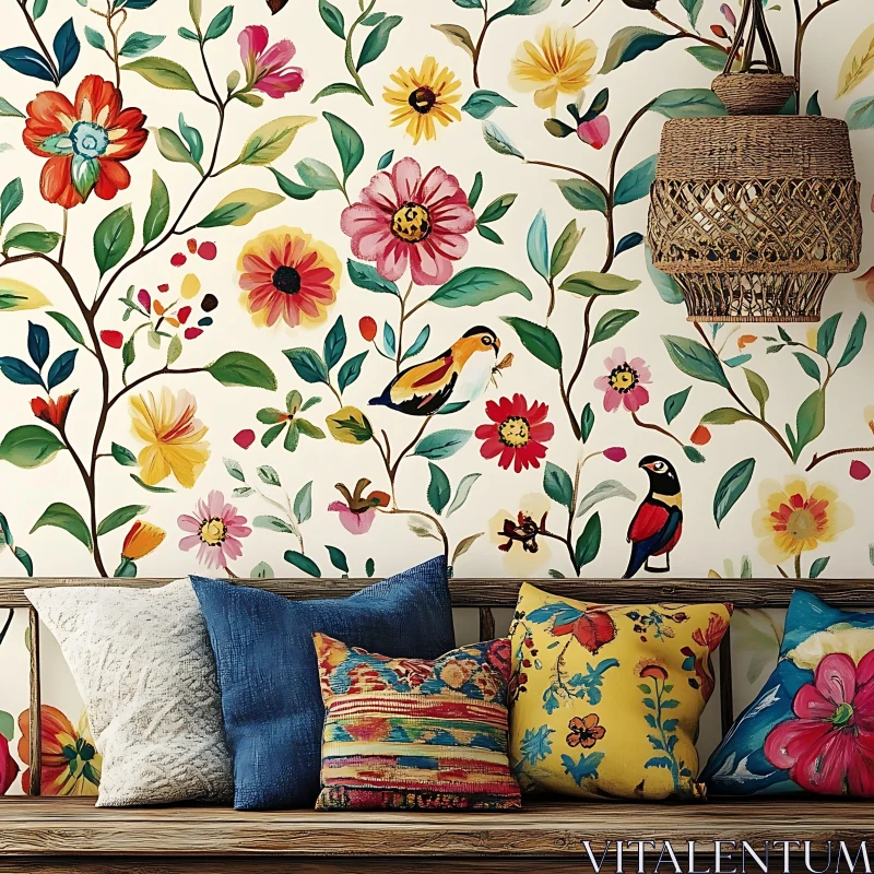 AI ART Colorful Floral Interior with Birds