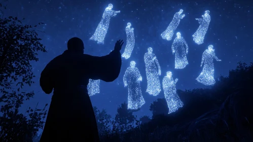 Glowing Figures in Night Sky