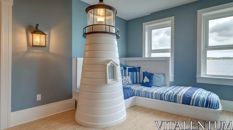 AI ART Coastal Bedroom with Lighthouse Theme