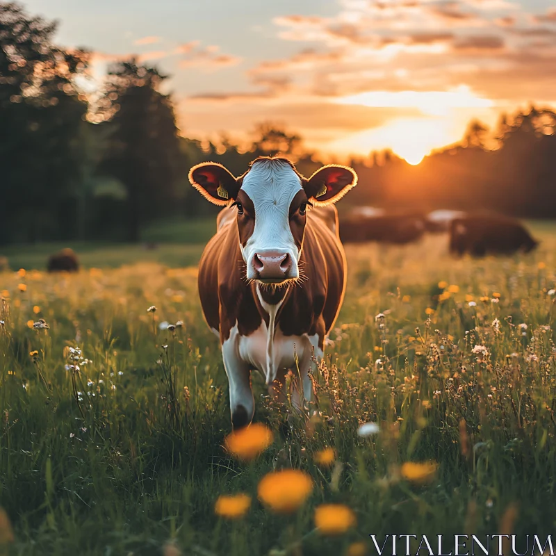 Pastoral Cow at Sunset AI Image