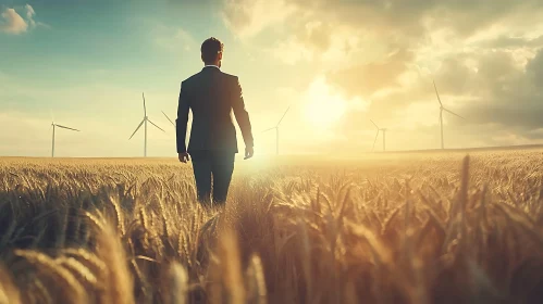 Wheat Field with Wind Turbines and a Man