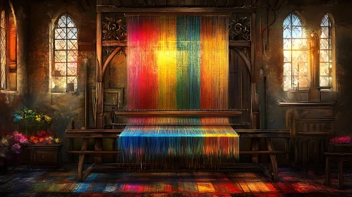 Colorful Tapestry on Loom in Studio