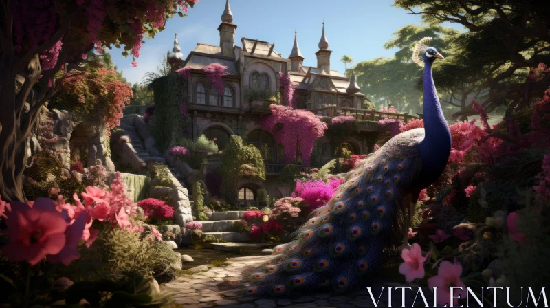 Enchanting Peacock in a Fantastical Flower Garden AI Image