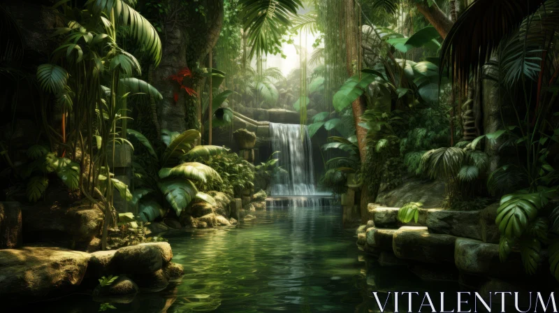 Exotic Jungle Waterfall Wallpaper in 3D Neogeo Style AI Image