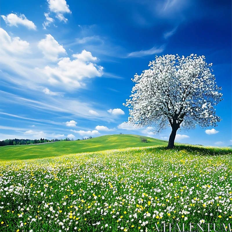 AI ART White Tree and Flowers Landscape