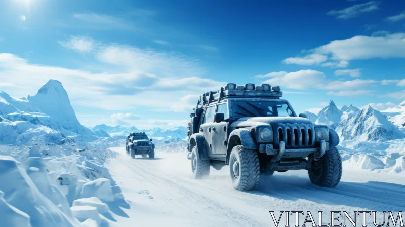 Winter Adventure Wallpaper: 4x4 Vehicles on Icy Roads AI Image