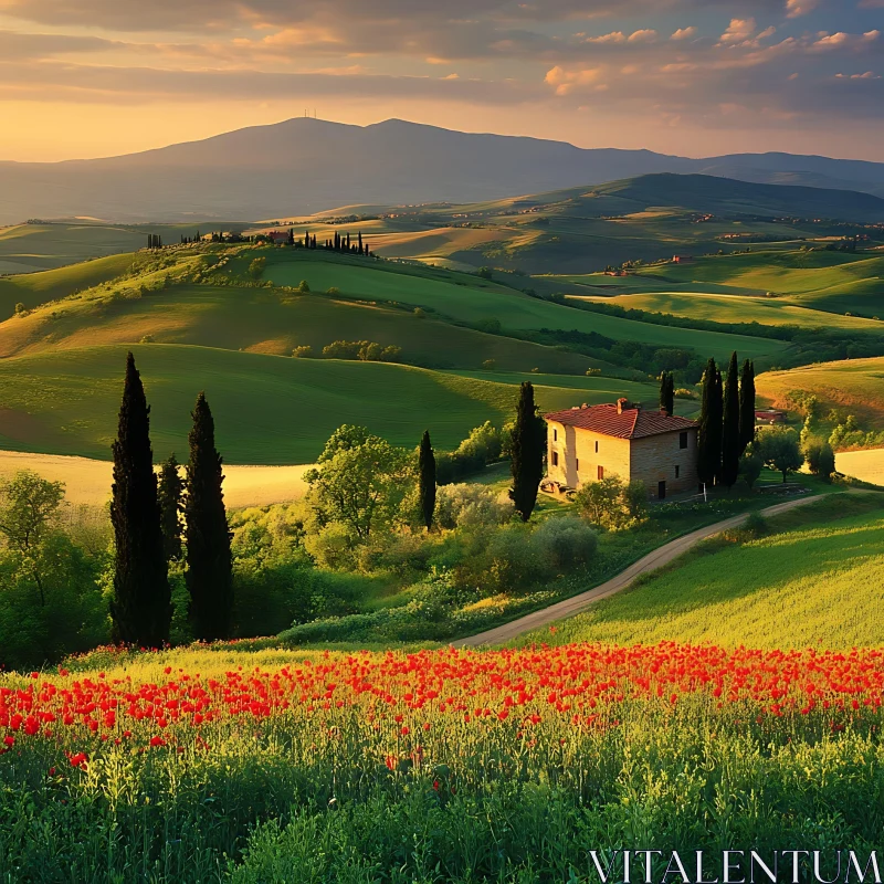 AI ART Tuscan Countryside: A Symphony of Green and Red