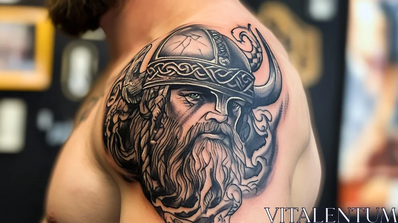 Detailed Viking Face Tattoo on Shoulder AI Image