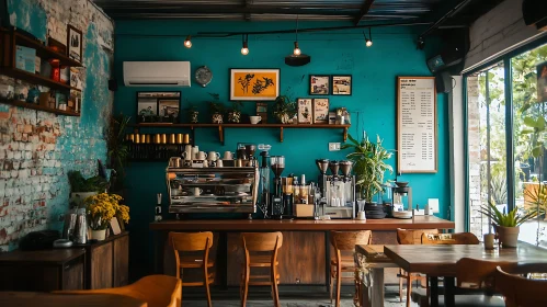 Teal-Walled Coffee Shop with Wooden Accents