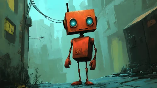 Orange Robot Amidst Teal Ruins