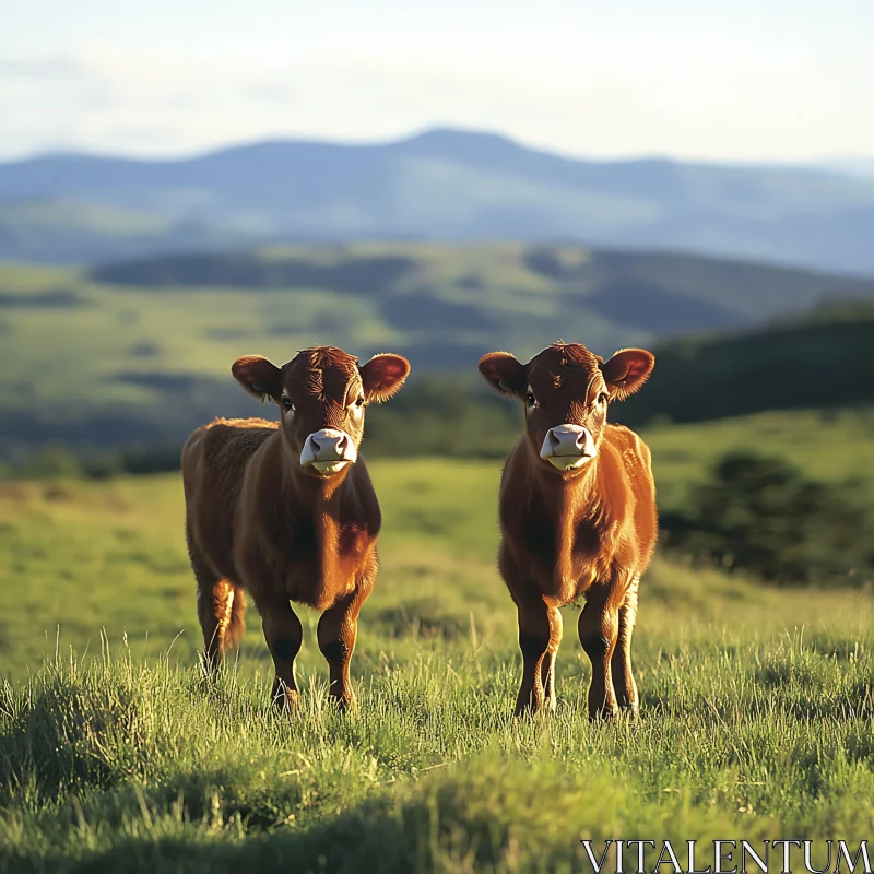 Two Brown Calves in Field AI Image