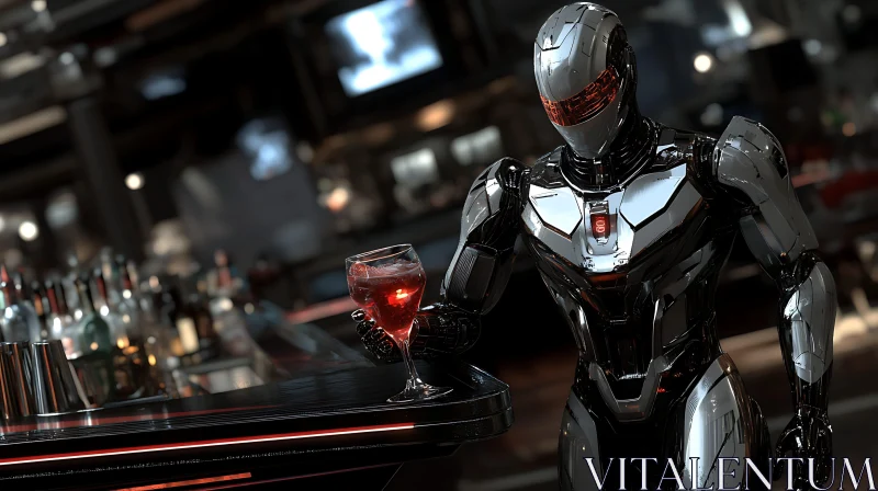 Robot at Bar Holding a Glass of Red Liquid AI Image