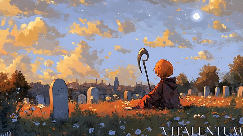 Moonlit Cemetery Anime Illustration AI Image