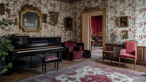 Antique Room with Piano and Floral Design